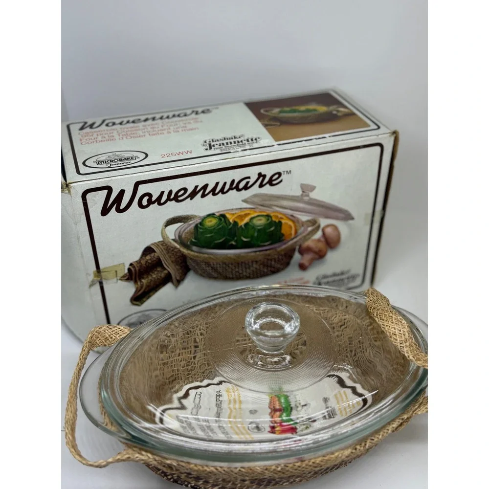 VTG Glasbake‎ Wovenware Casserole Dish Clear Glass Woven Basket 1 Qt 32 Oz 225WW